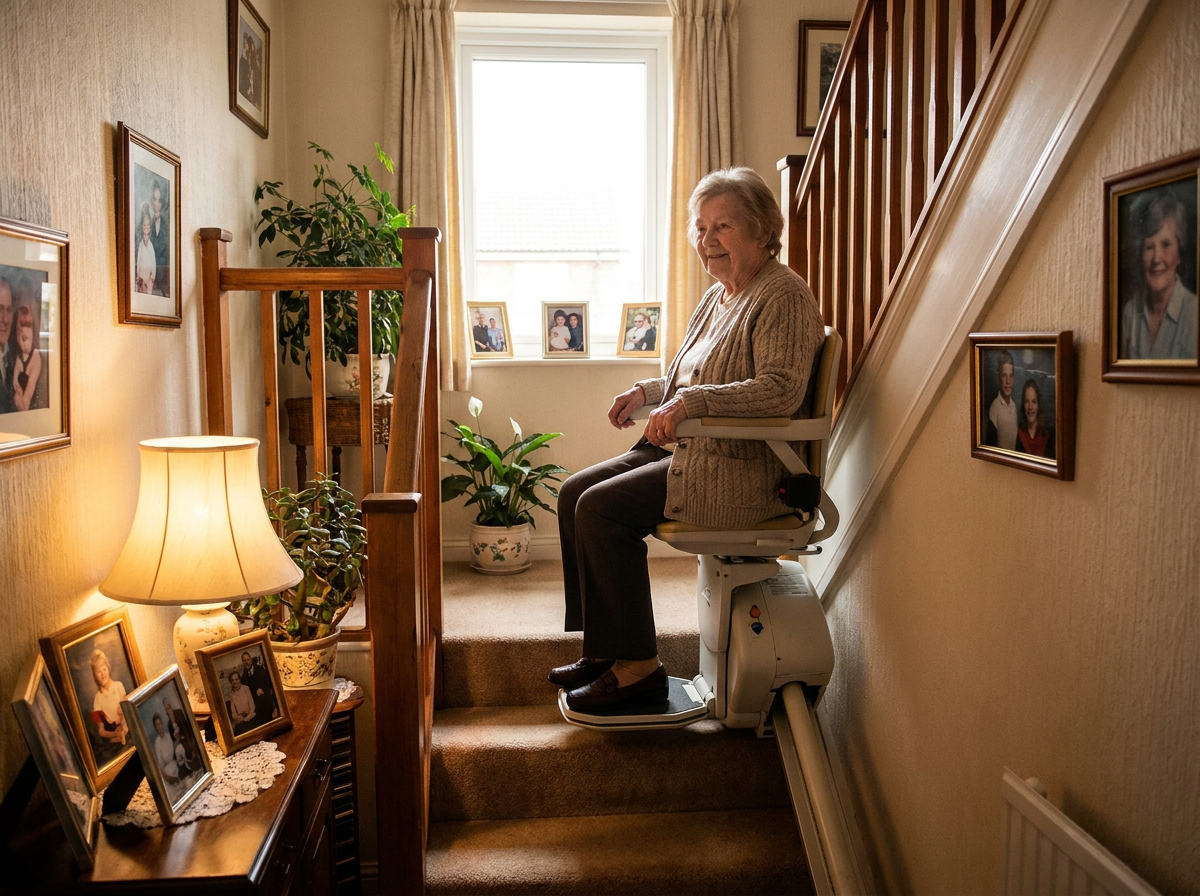 Elderly person comfortably using a stairlift at home